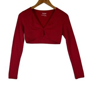 Garage Womens Ribbed Long Sleeve Twist Front V Neck‎ Crop Top Red